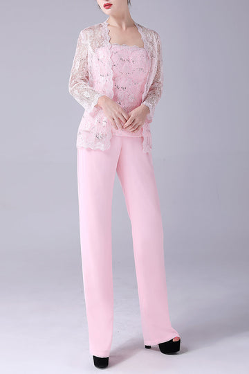 Abrigo de encaje rosa de 3 piezas Madre de la novia Trajes de pantalón